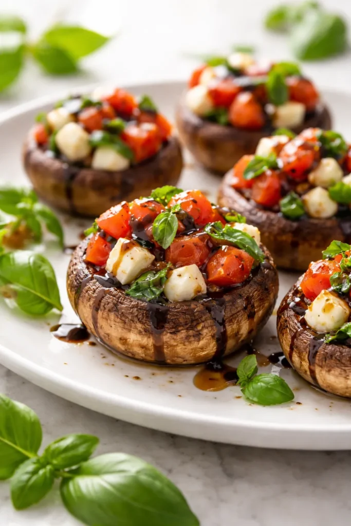 Caprese stuffed mushrooms with tomato mozzarella and basil filling