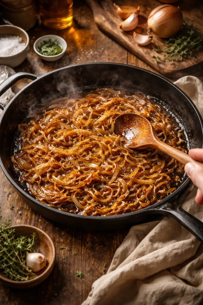 8 French Dishes Easier Than You Think 9 Caramelized onions in a skillet on a warm kitchen stove