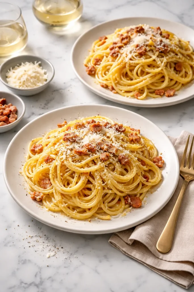 Creamy carbonara on a plate with pancetta and cheese