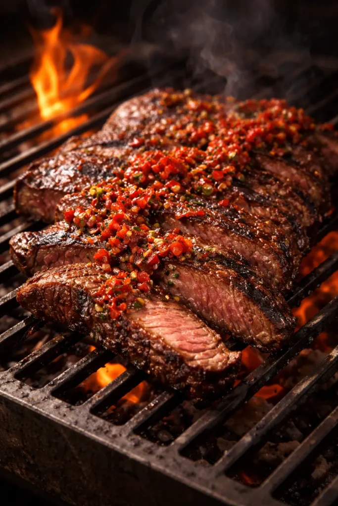 8 Grilled Dinners for a Summer Night 3 Charred skirt steak with red chimichurri on top