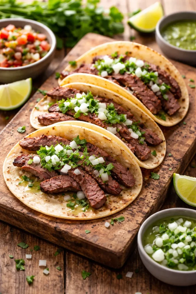 12 Mexican Dinner Recipes for Taco Night 3 Carne Asada Tacos with skirt steak, onion, and cilantro on a wooden board.