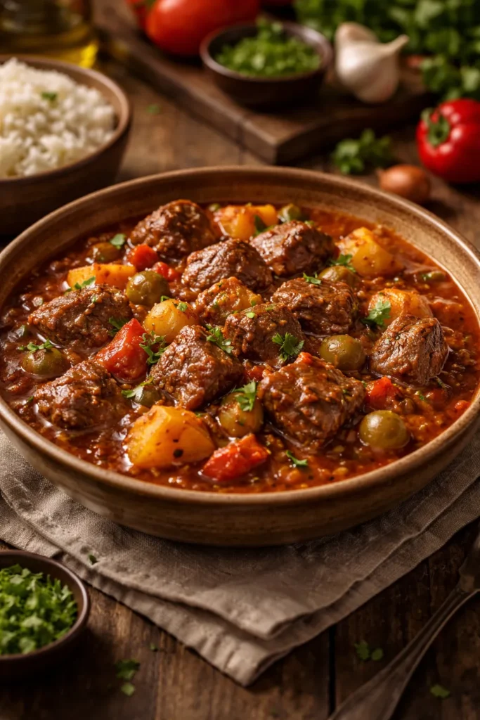 Beef chunks in glossy carne guisada stew in a ceramic bowl