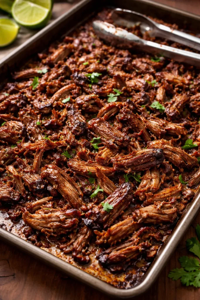 10 Slow Cooker Beef Recipes Fork-Tender 10 Shredded beef carnitas with crispy edges on a baking sheet