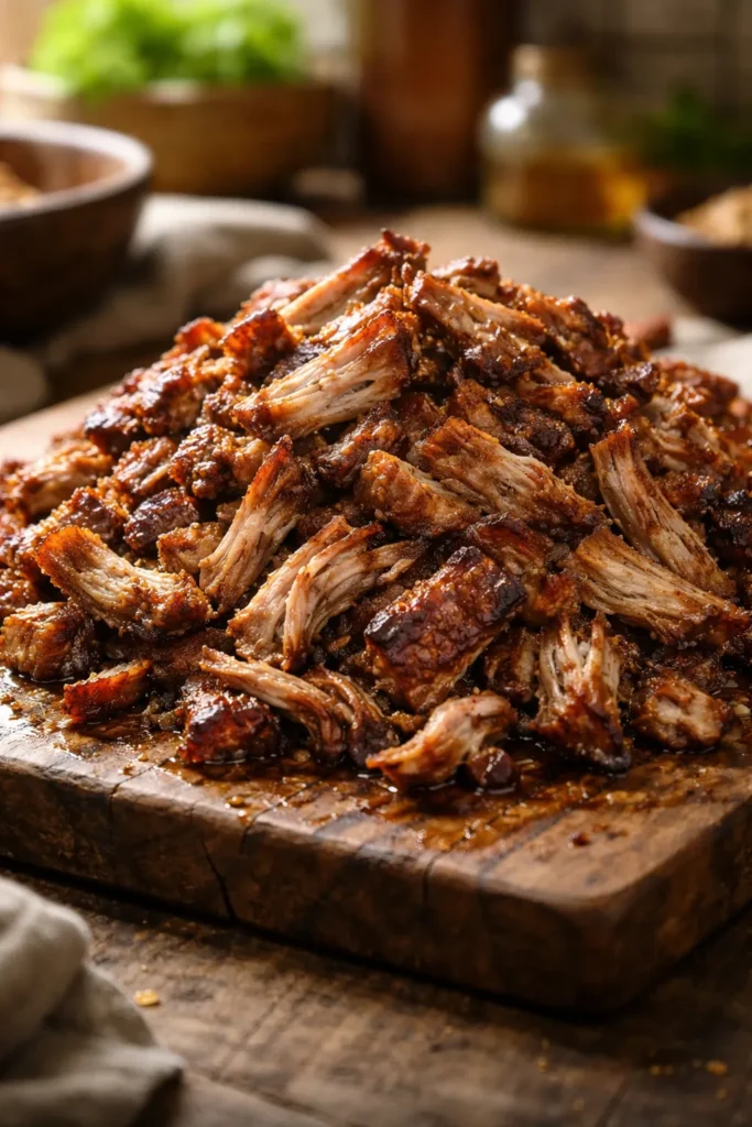 10 Mexican Dishes Worth Making From Scratch 3 Shredded carnitas with crispy edges on a wooden board.