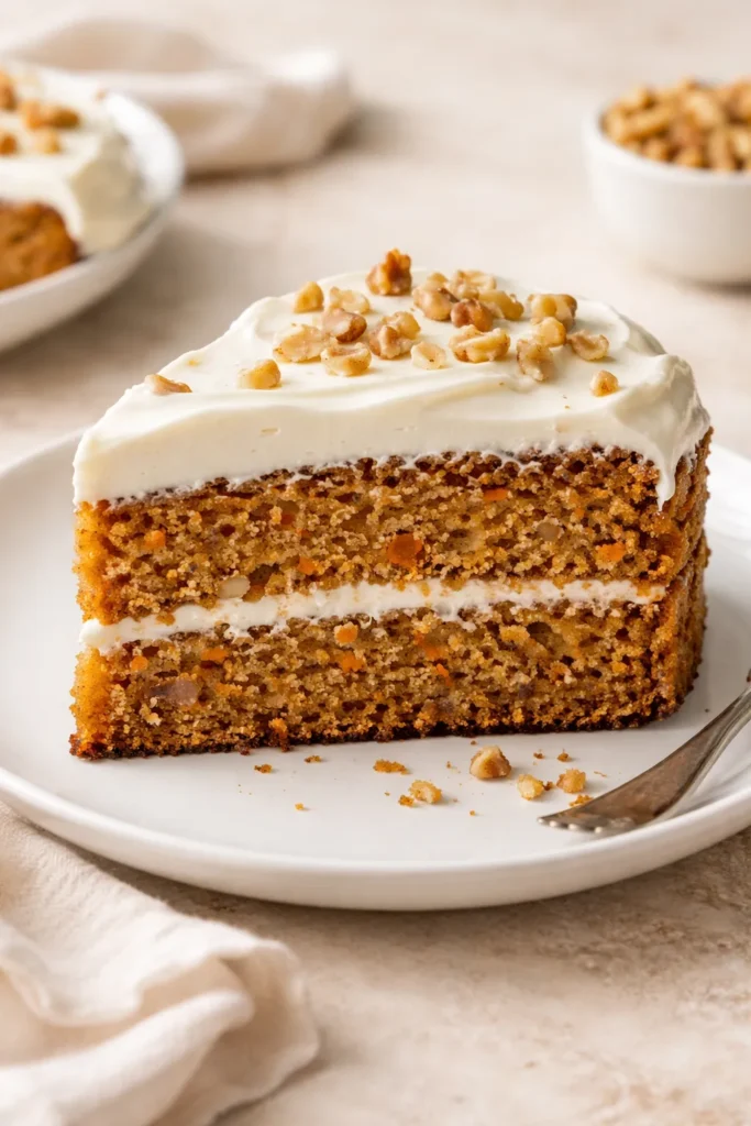 15 Easy Cream Cheese Dessert Recipes 12 Slice of carrot cake with cream cheese frosting on a plate
