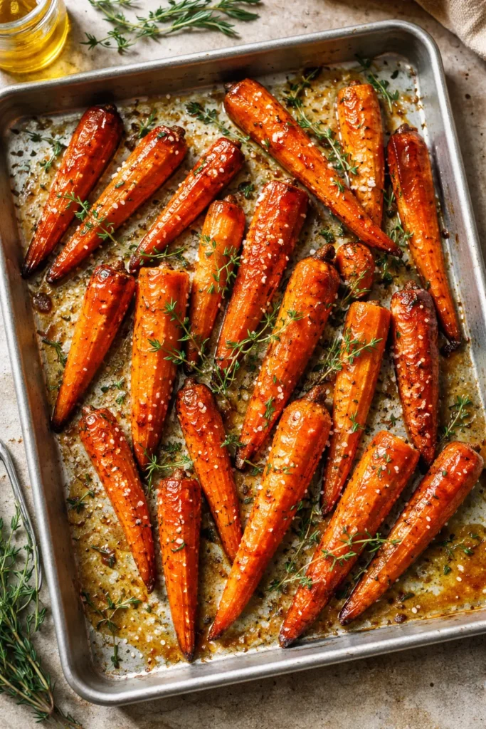 10 Veggie Sides That Outshine the Main Dish 6 Glossy honey-glazed roasted carrots with thyme on sheet pan