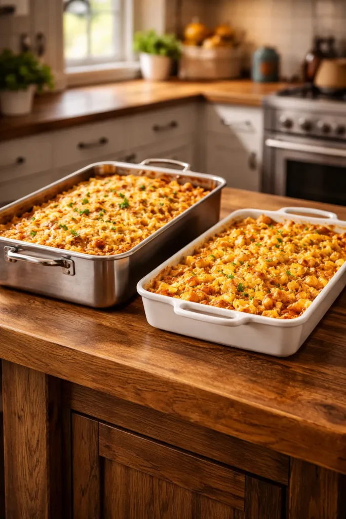 Two large casserole dishes on a wooden counter, illustrating pan size options for feeding a crowd