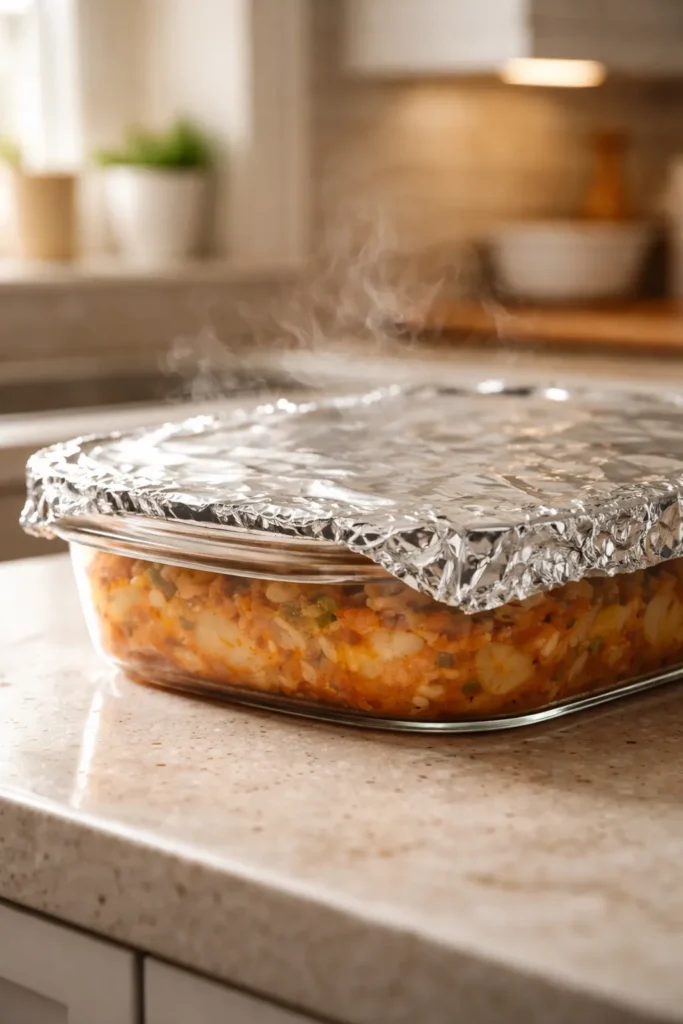 12 Dump and Bake Casseroles With No Fuss 13 Close-up of a sealed casserole dish with foil lid and steam on a clean kitchen counter