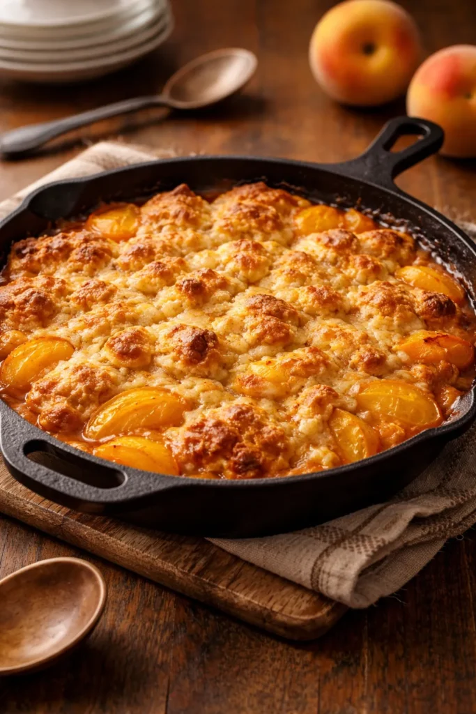 5-Minute Bisquick Cobbler With Canned Peaches 17 Cast iron skillet with bubbling peach cobbler