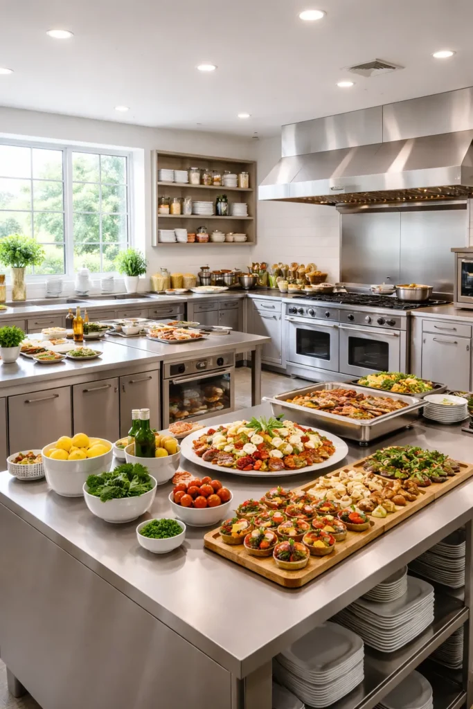 8 Wedding Reception Food Ideas on a Budget 10 Modern venue kitchen with built-in appliances and stainless counters