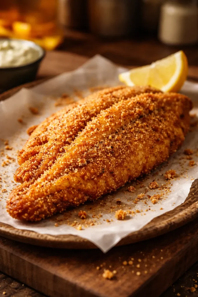 Close-up of a single crispy southern fried catfish fillet on a plate