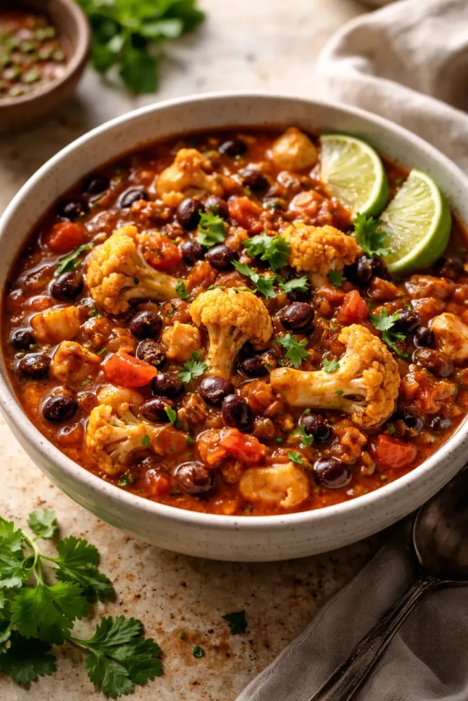 10 Clean Eating Recipes for the Whole Week 6 Bowl of cauliflower chili with black beans and vegetables