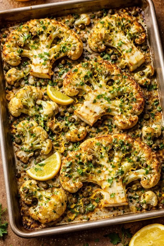 8 Easy Roasted Vegetable Sides for Dinner 6 Cauliflower steaks and florets roasted golden with lemon caper herbs