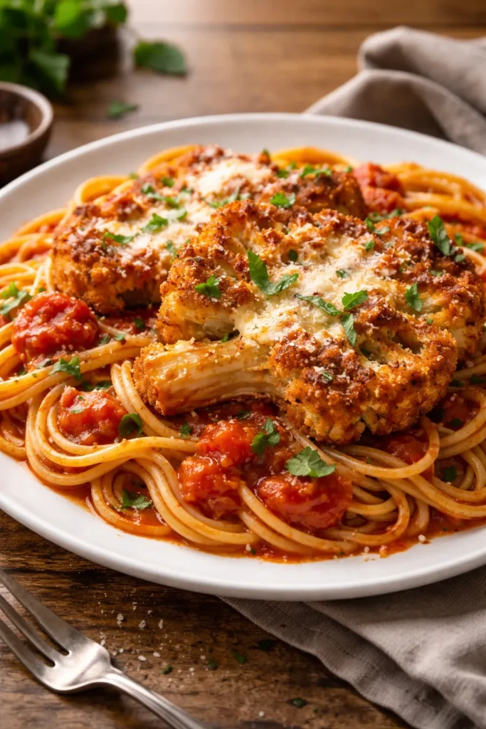 8 Vegetarian Dinners That Fill You Up 7 Close-up of cauliflower parmesan with pasta on a plate