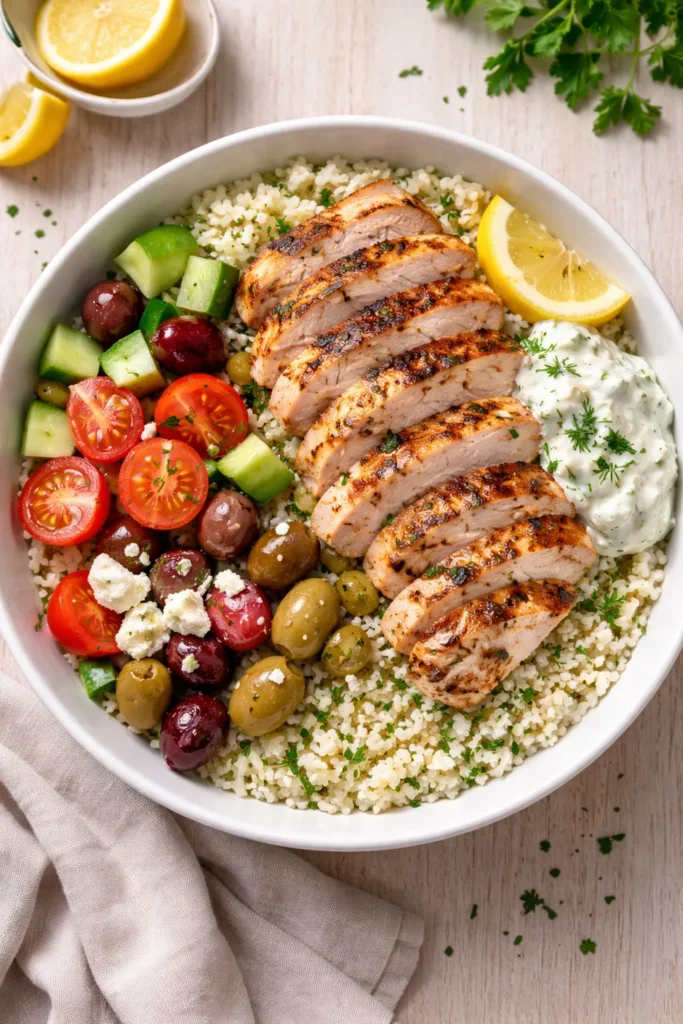 Cauliflower rice bowl with grilled chicken and tzatziki