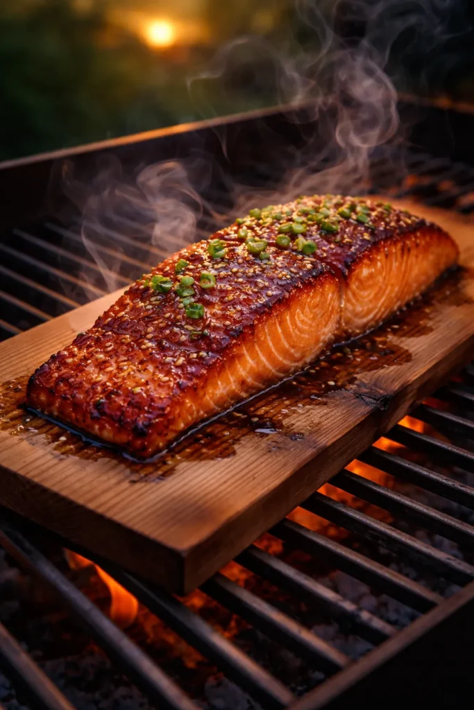 8 Grilled Dinners for a Summer Night 8 Salmon on cedar plank with miso glaze and smoke rising from grill