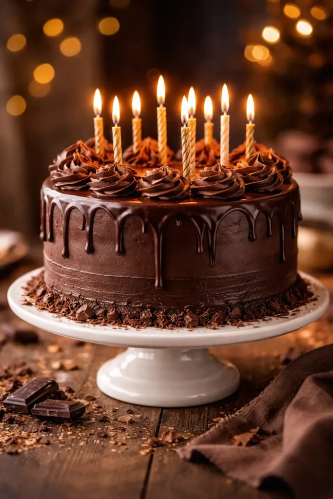 Rich Chocolate Ganache Cake for Birthdays 1 Close-up of a glossy chocolate ganache cake on a pedestal with candles
