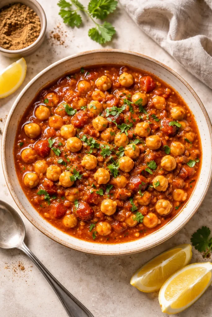Bowl of chickpeas in tomato sauce for chana masala.