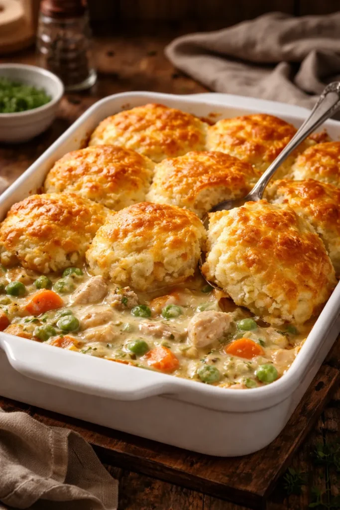 10 Chicken and Biscuit Dinners for Cozy Nights 3 Creamy chicken with melted cheddar biscuits on top