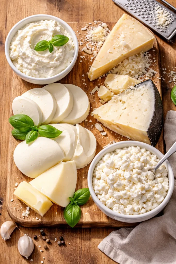 10 Stuffed Pasta Shell Recipes for Dinner 15 Assorted cheeses for stuffed shells arranged on a wooden board