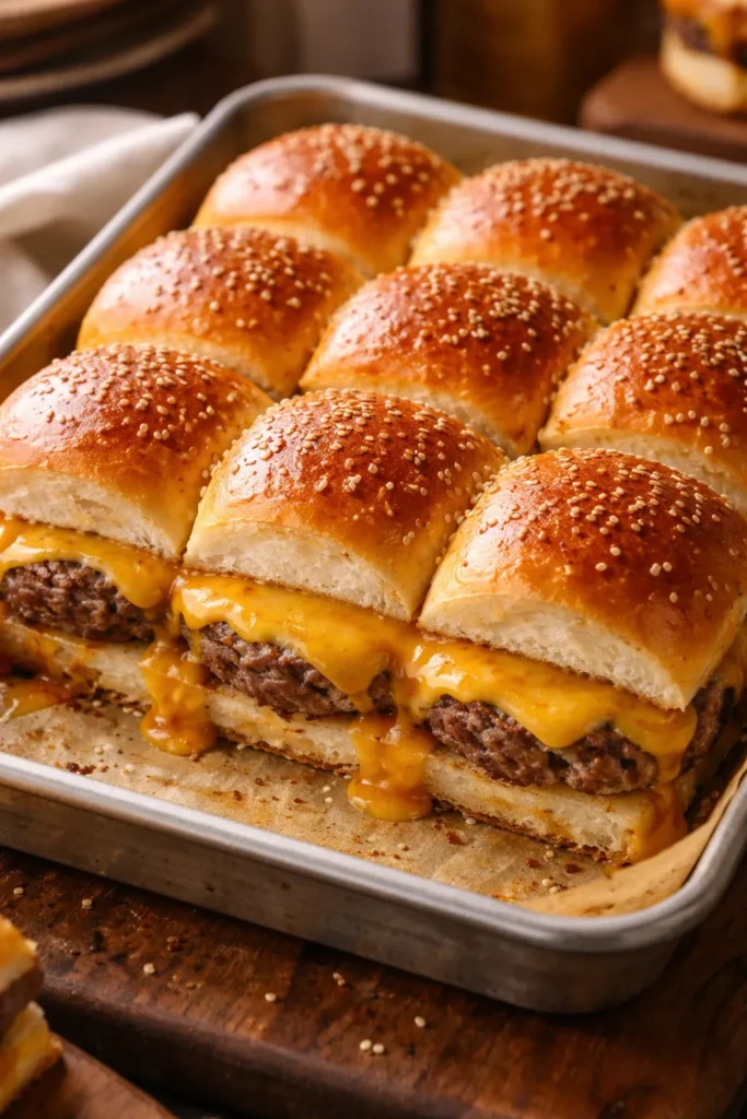8 Slider Recipes for Parties and Game Night 1 Close-up of Classic Cheeseburger Sliders with melted cheese on a sheet pan
