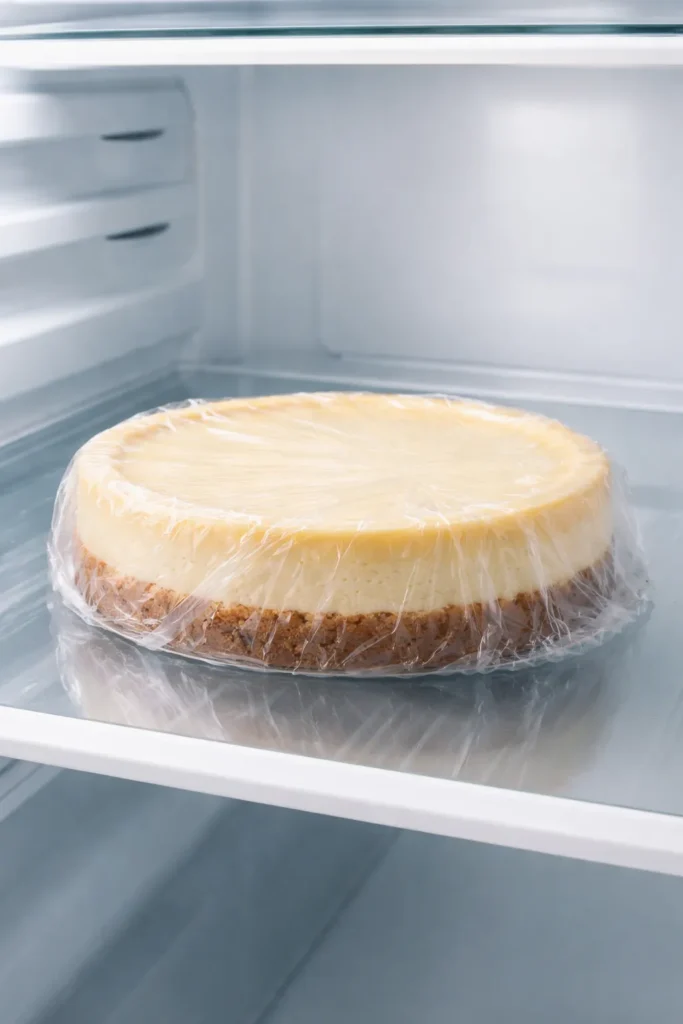 How to Bake a Rich Cheesecake Without Cracking 12 Cheesecake wrapped in plastic wrap in refrigerator