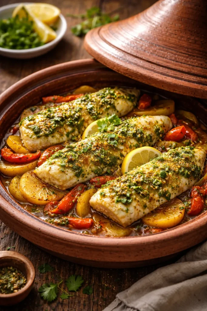 Chermoula fish tagine with potatoes and peppers in a tagine dish