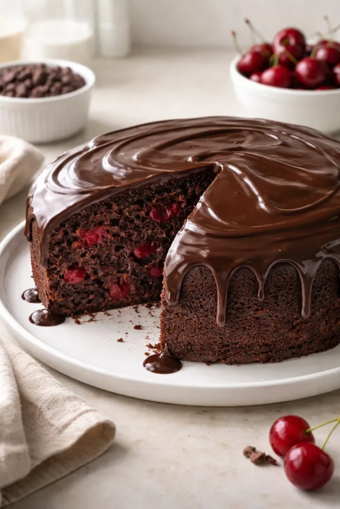 10 Easy Chocolate Cherry Desserts for Cravings 2 Close-up of chocolate cake with glossy ganache and visible cherry interior