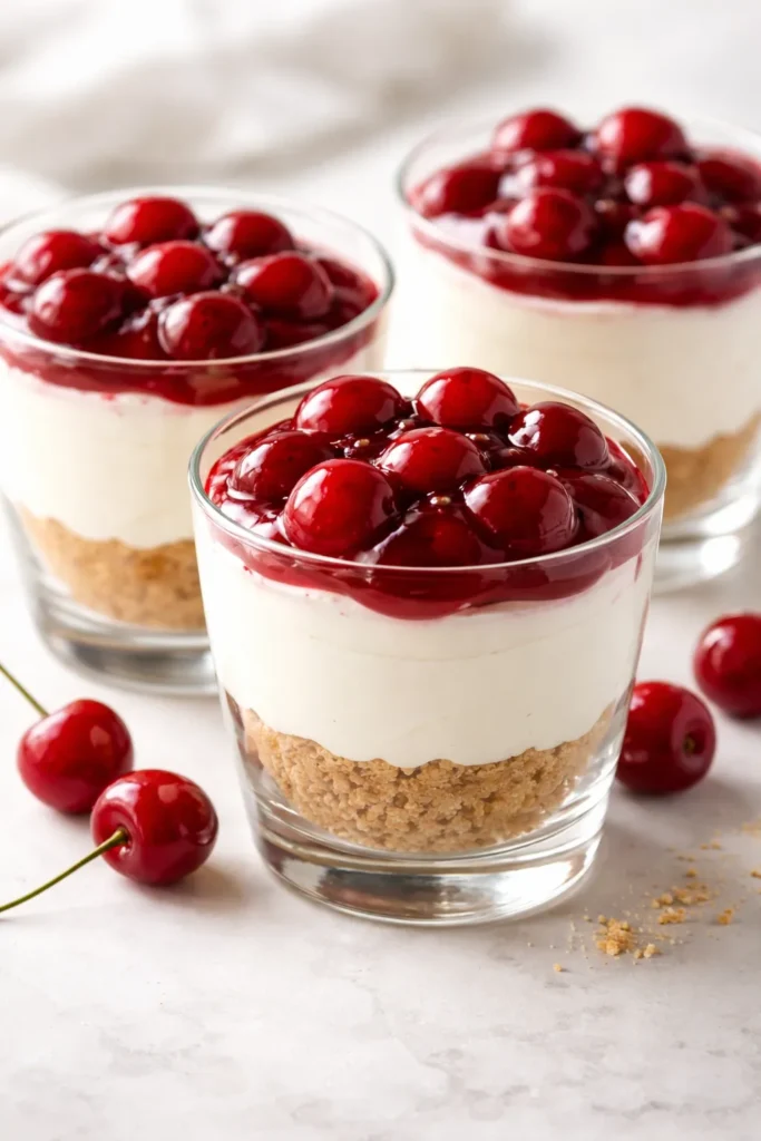 15 Easy Cream Cheese Dessert Recipes 3 Layered cherry cream cheese dessert cups in clear glass