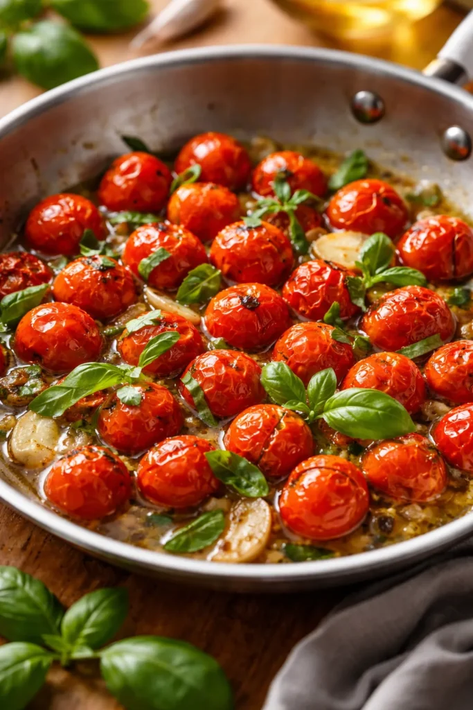 10 Veggie Sides That Outshine the Main Dish 8 Blistered cherry tomatoes with garlic and basil in a skillet