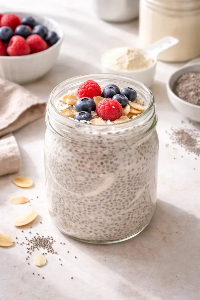 10 High Protein Breakfasts for Busy Mornings 10 Chia pudding in glass jar with seeds visible
