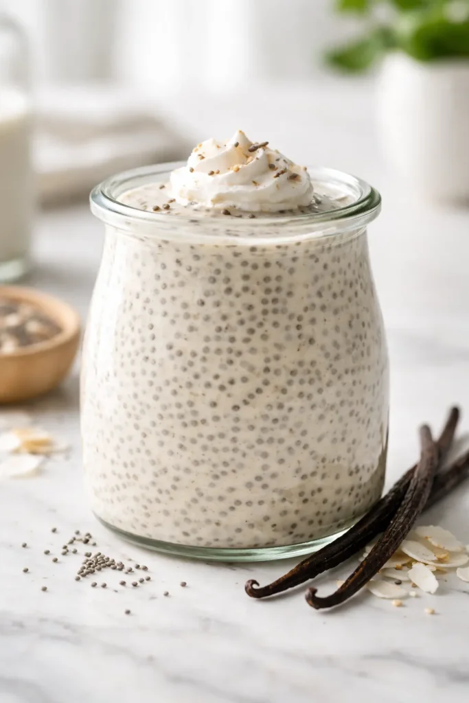 15 Sugar Free Treats That Actually Taste Good 4 Glass jar of vanilla chia seed pudding with visible chia seeds