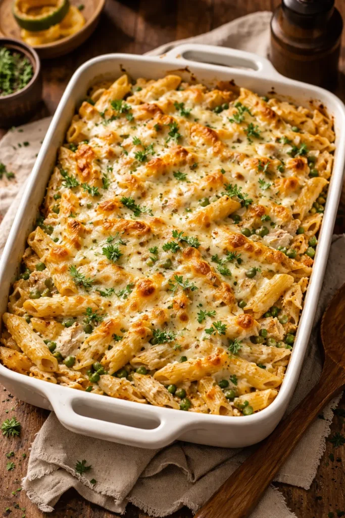 12 Dump and Bake Casseroles With No Fuss 1 Creamy chicken Alfredo pasta bake in a baking dish with penne and melted mozzarella