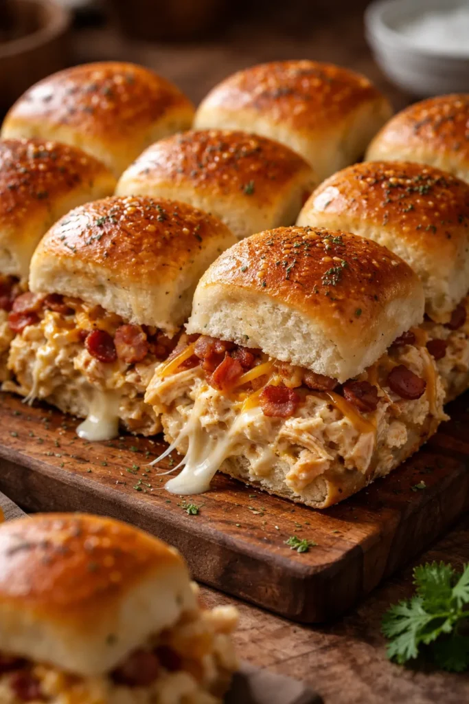 8 Slider Recipes for Parties and Game Night 7 Close-up of chicken bacon ranch sliders on a wooden board with melted cheese and crispy bacon