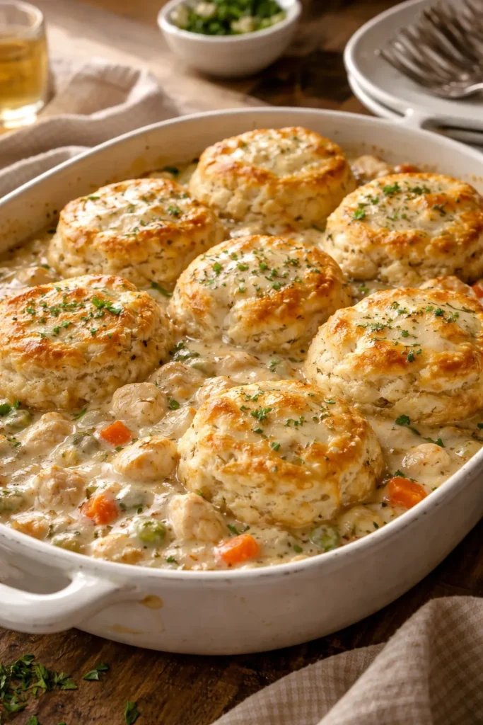 10 Chicken and Biscuit Dinners for Cozy Nights 9 Creamy chicken and biscuits with white wine gravy in a baking dish