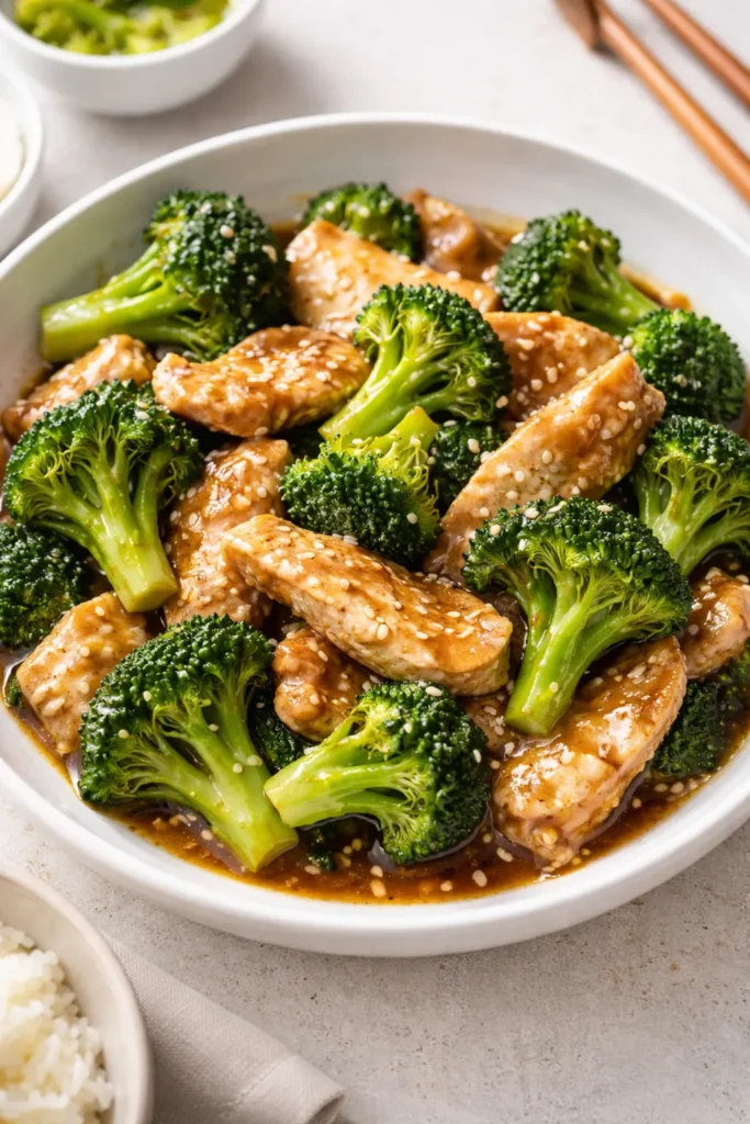 Chicken and broccoli stir fry plated with glossy sauce