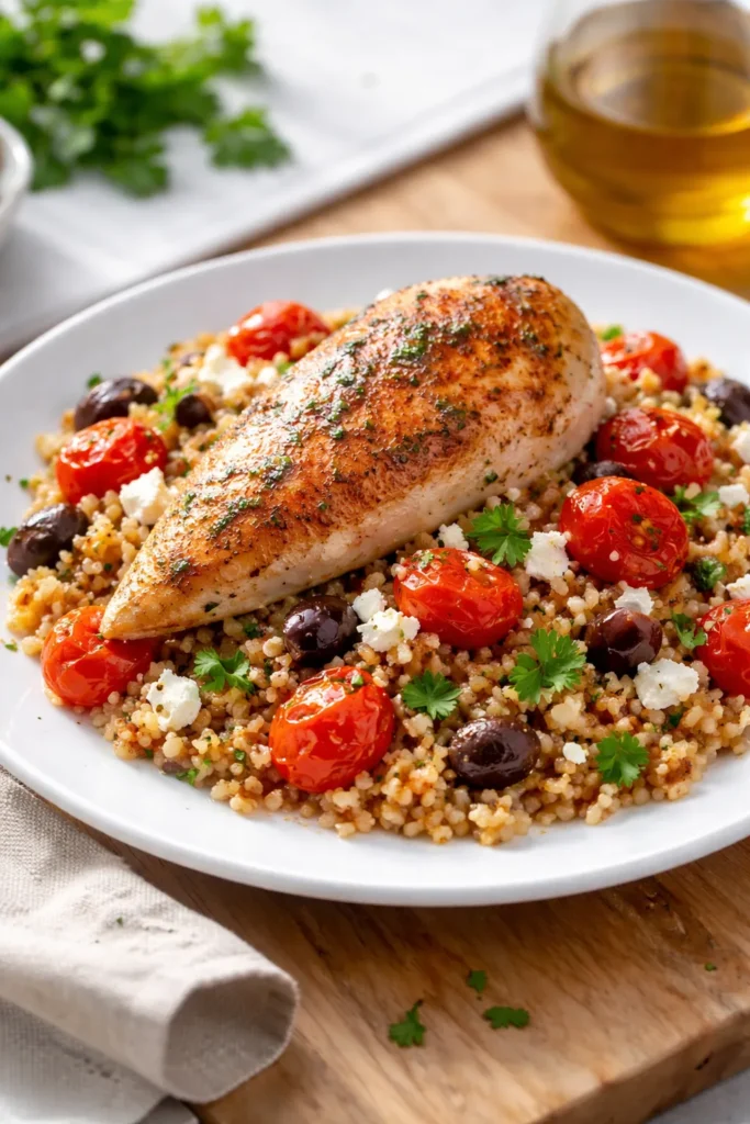 8 Skillet Dinners Ready in 20 Minutes 9 Chicken with bulgur pilaf and tomatoes on plate