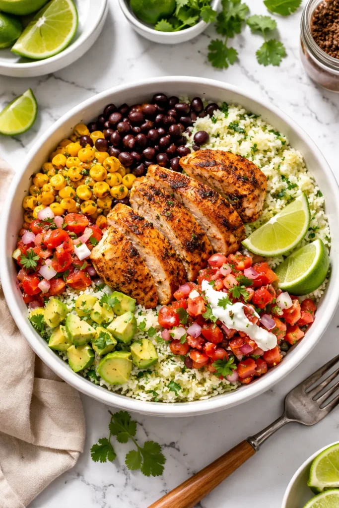 Chicken burrito bowl with cilantro lime rice, black beans, and corn