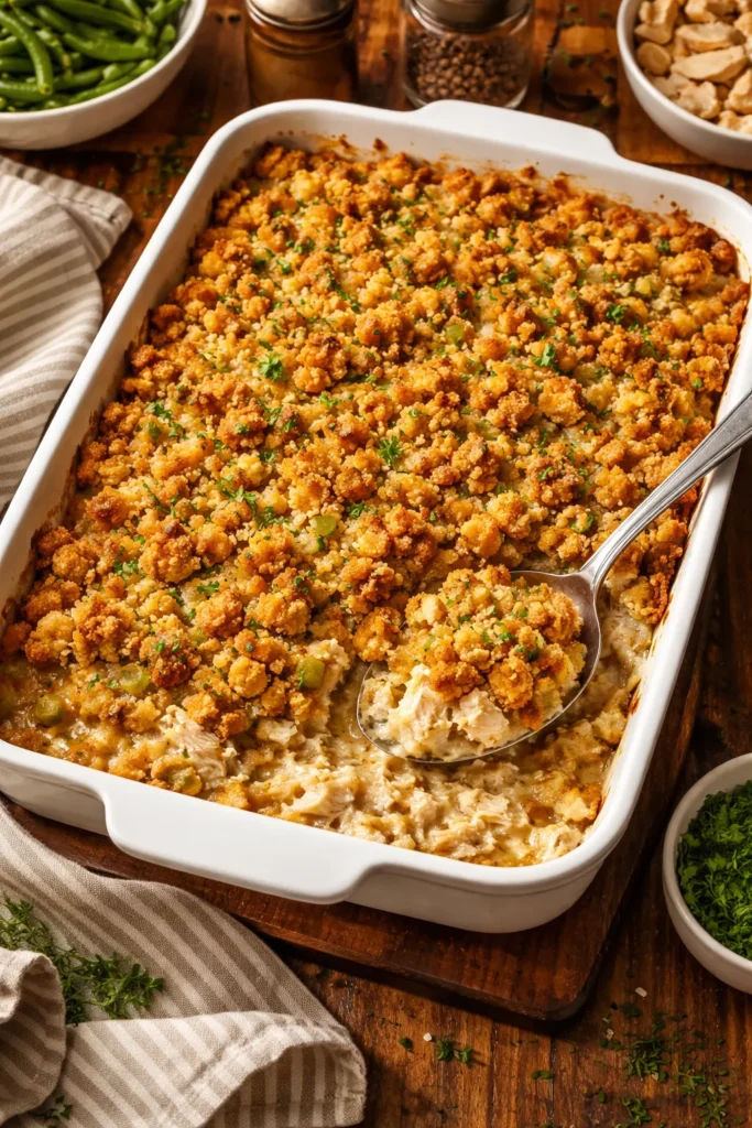 10 Oven-Baked Meals for Easy Weeknight Dinners 4 Chicken stuffing casserole with golden top and creamy filling
