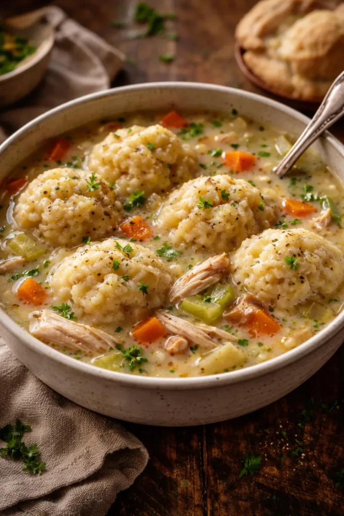 Chicken and dumpling soup with fluffy dumplings in broth.
