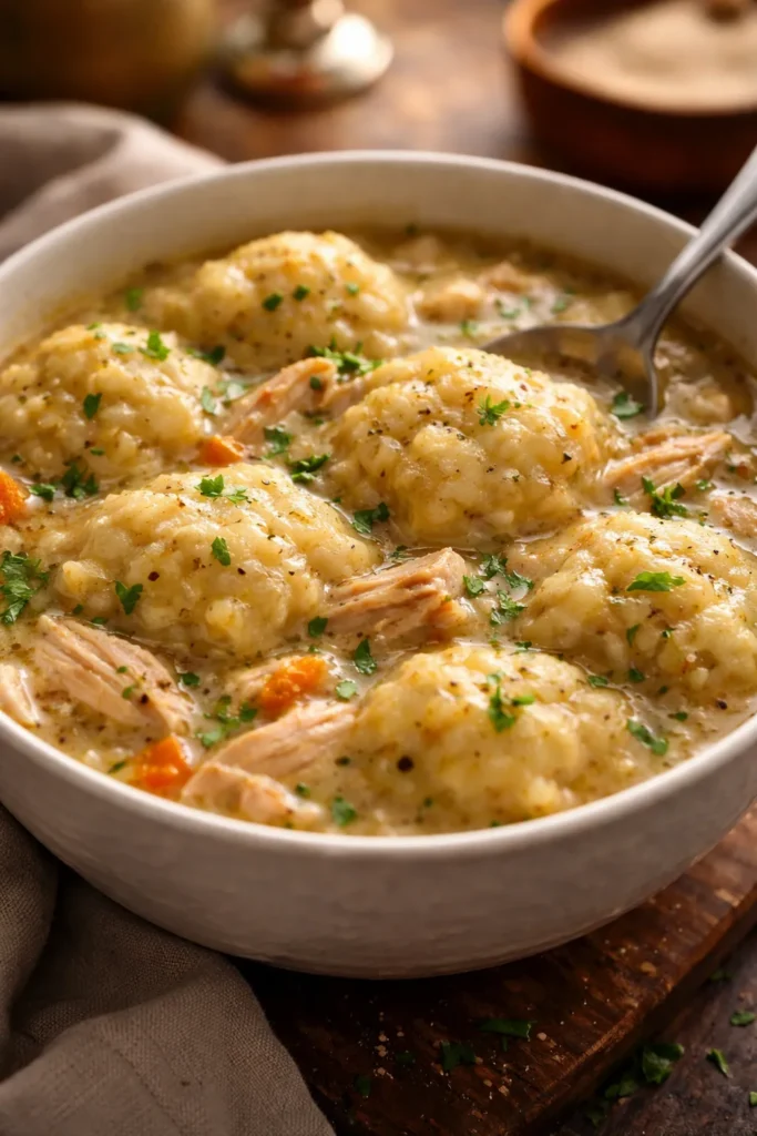 Chicken and dumplings in a bowl