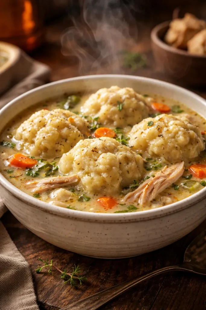 8 Comfort Food Recipes for a Cozy Night In 3 Steaming bowl of chicken and dumplings with fluffy dumplings