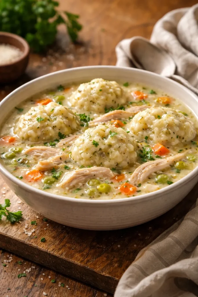 12 Easy Weekend Dinners for a Chill Night 10 Bowl of creamy chicken and dumplings with fluffy dumplings