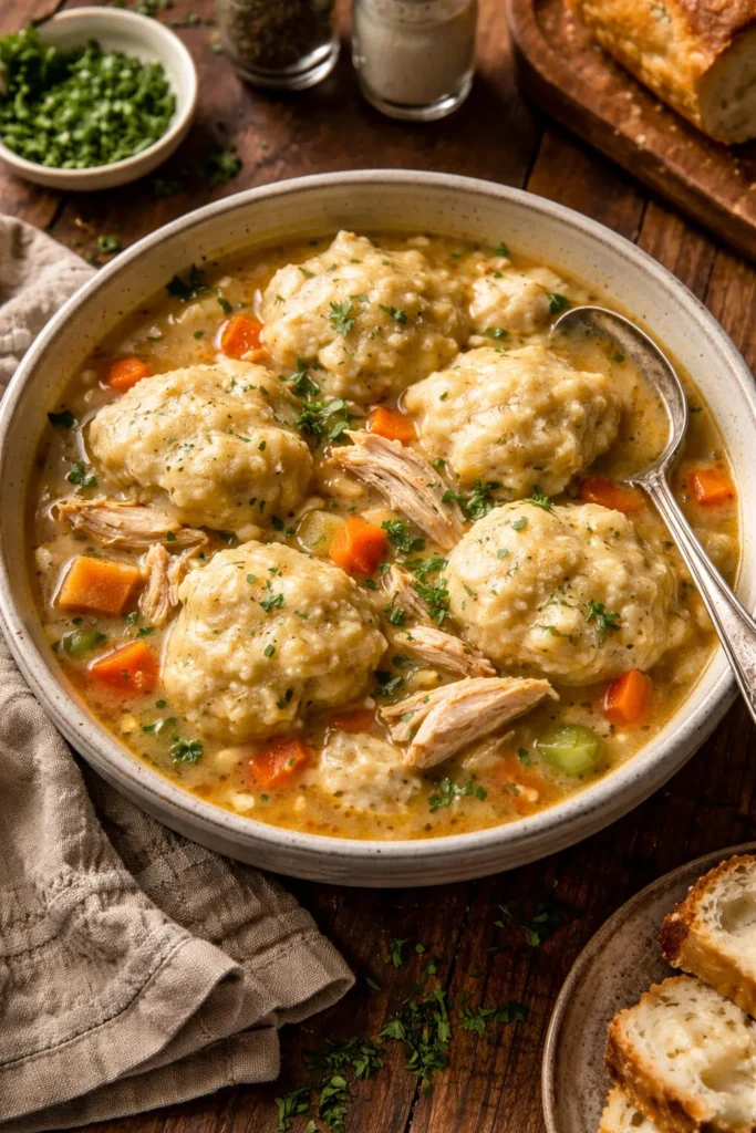 12 Classic American Dinners Everyone Loves 3 Bowl of chicken and dumplings with dumplings and broth