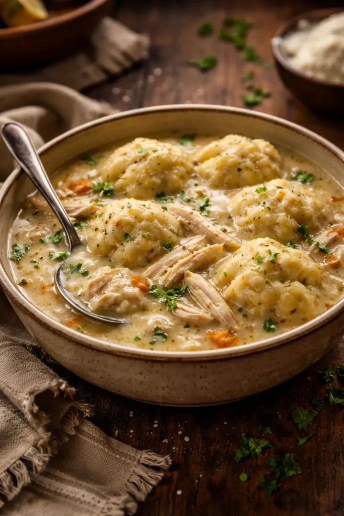 8 Rainy Day Recipes for Cozy Comfort 4 Creamy chicken and dumplings in a rustic bowl