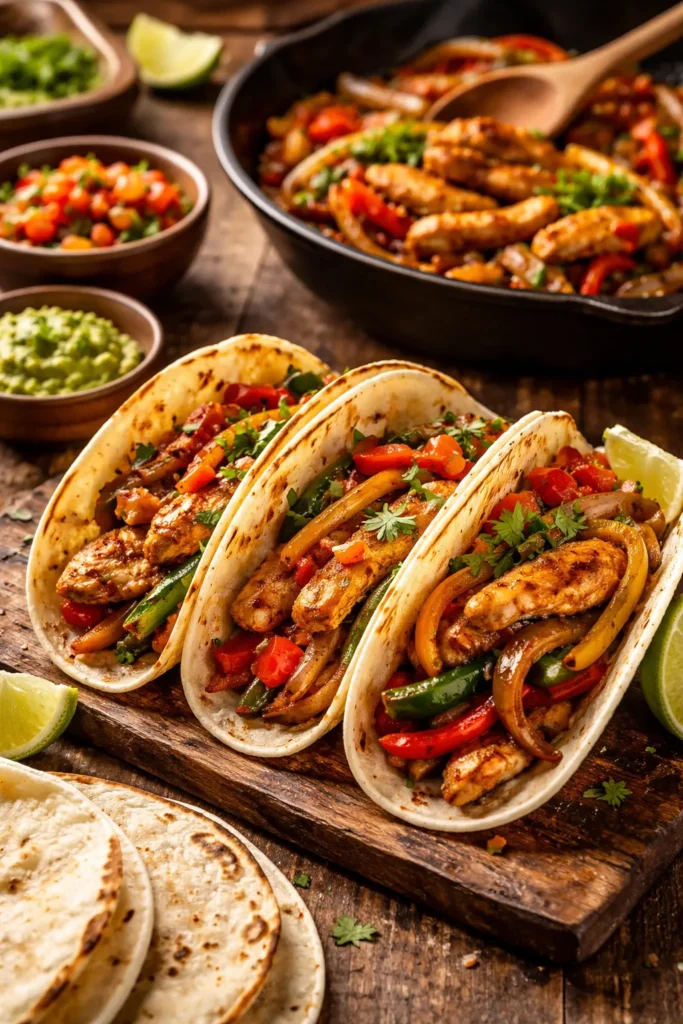 Classic chicken fajitas with peppers and onions in a cast-iron skillet
