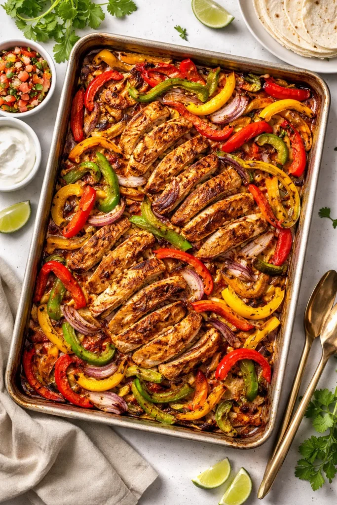 10 Oven-Baked Meals for Easy Weeknight Dinners 6 Baked chicken fajitas with peppers and onions on a sheet pan