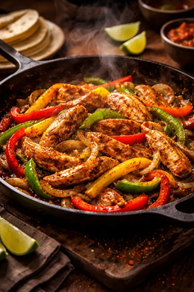 Sizzling chicken fajitas with bell peppers in a skillet