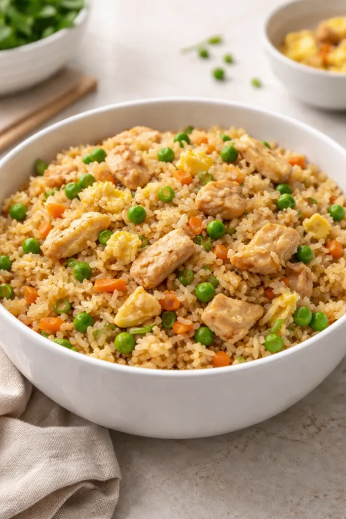 10 Cheap Family Dinners Everyone Eats 2 White bowl of chicken fried rice with visible chicken pieces