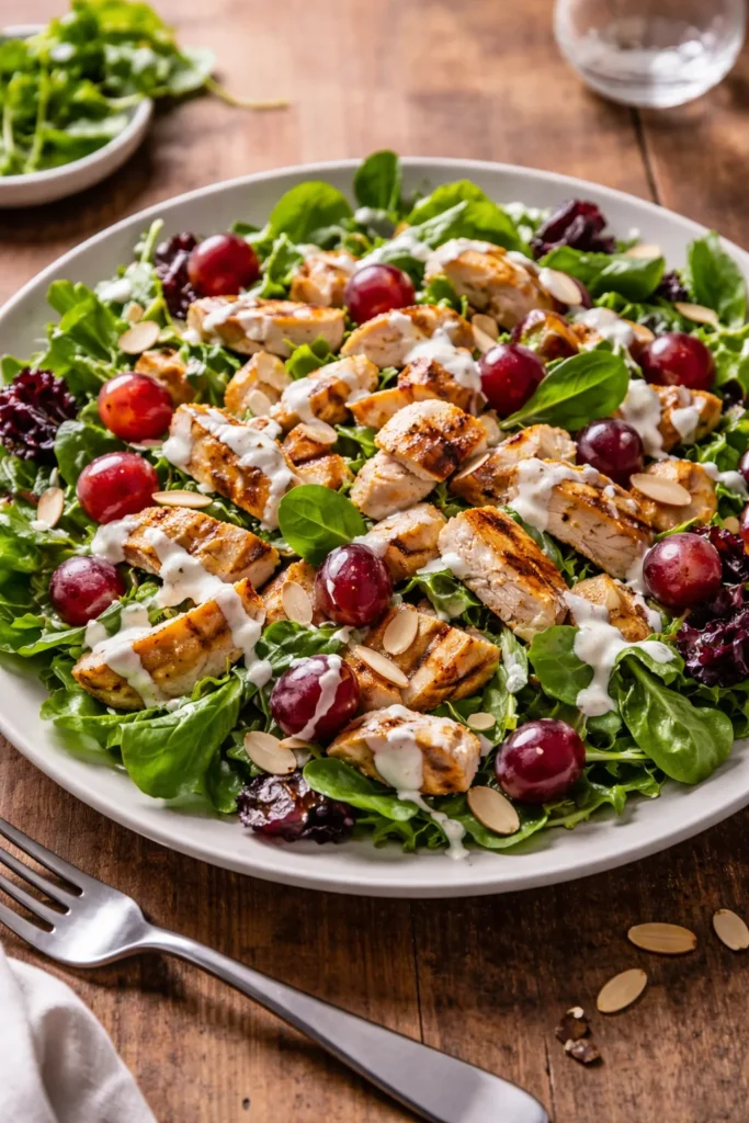 8 Calorie Deficit Meals That Keep You Full 9 Grilled chicken with red grapes and almonds on greens with yogurt dressing